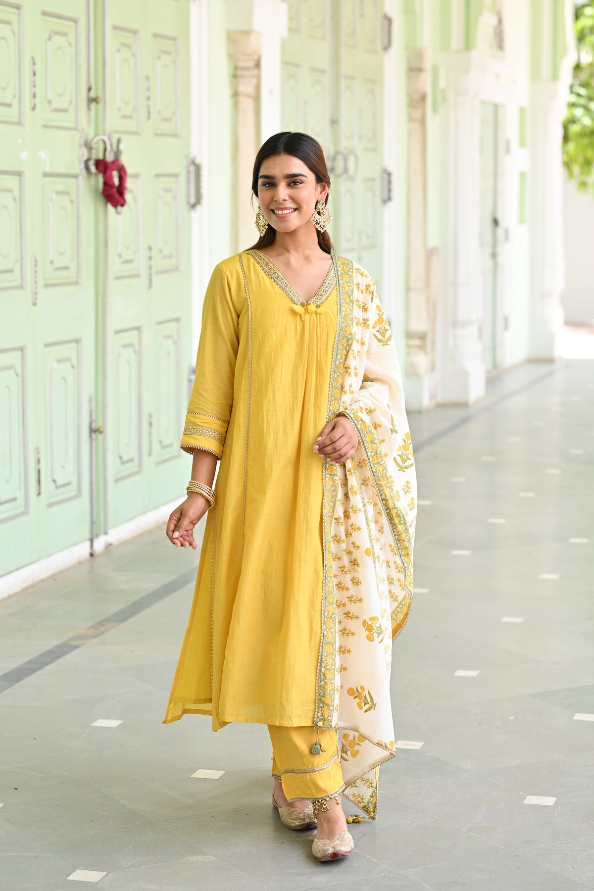 Butter Yellow Pure Mul Chanderi Kurta With Block Printed Dupatta Suit Set