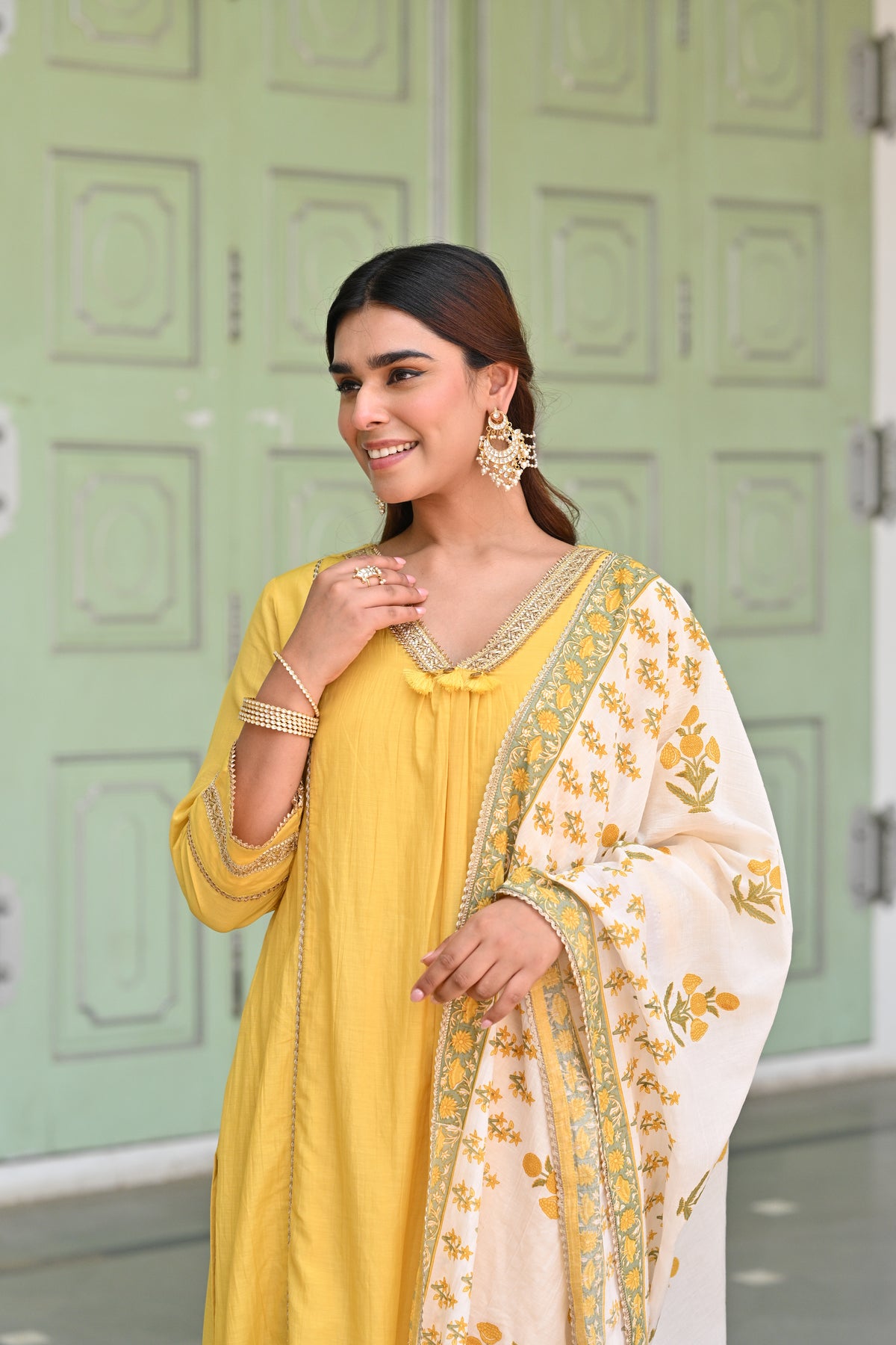 Butter Yellow Pure Mul Chanderi Kurta With Block Printed Dupatta Suit Set