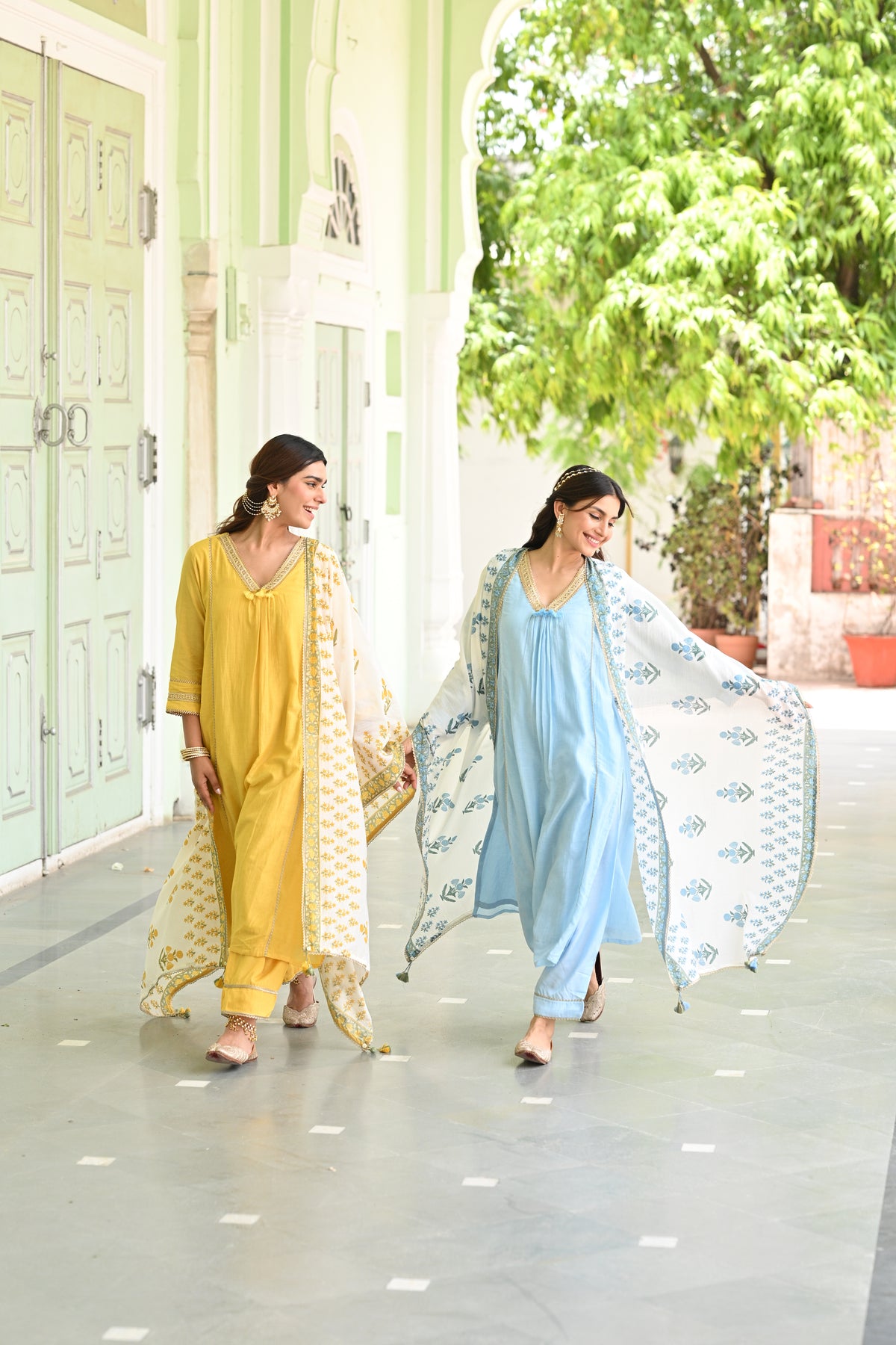 Powder Blue Pure Mul Chanderi Kurta With Block Printed Dupatta Suit Set
