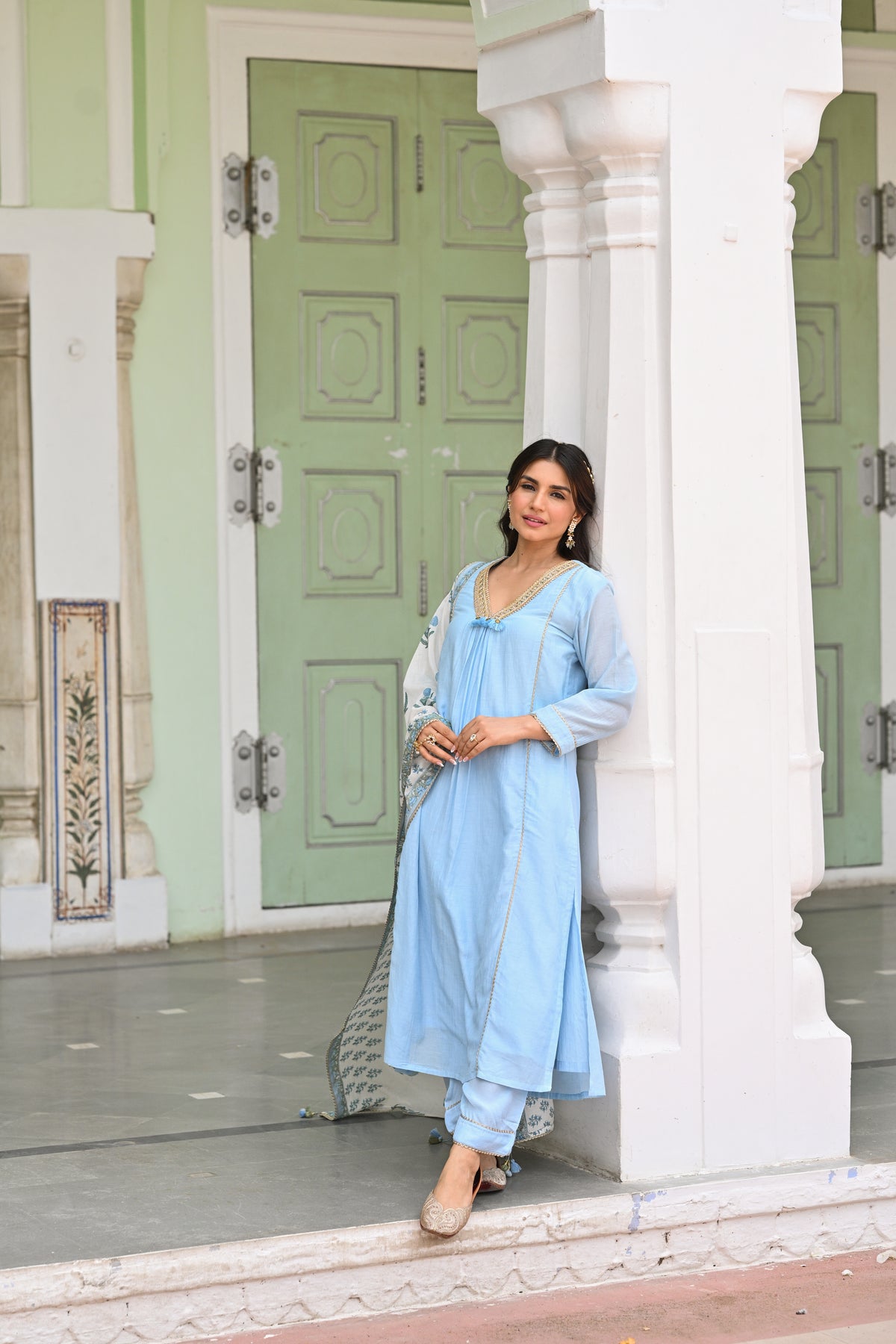 Powder Blue Pure Mul Chanderi Kurta With Block Printed Dupatta Suit Set