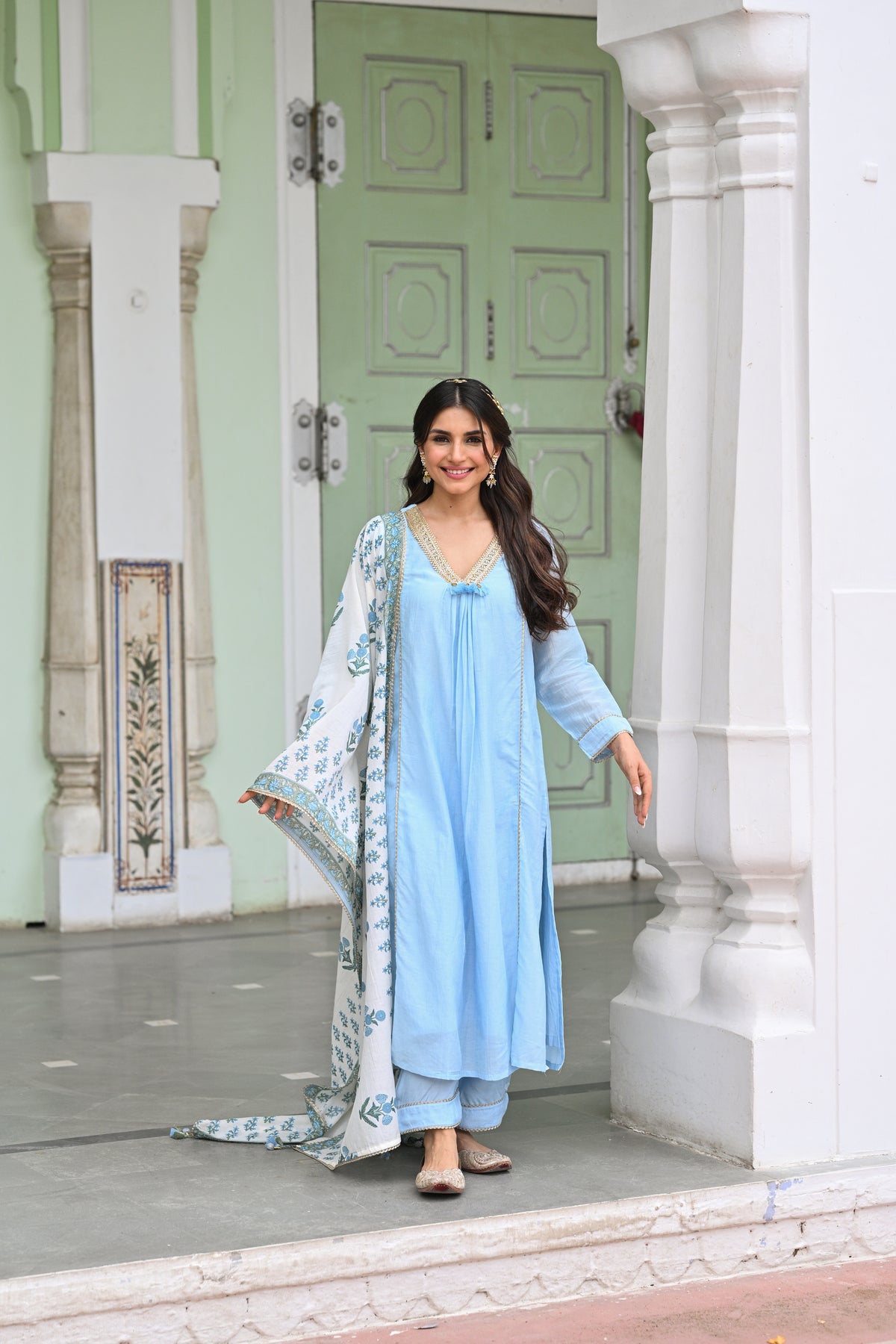 Powder Blue Pure Mul Chanderi Kurta With Block Printed Dupatta Suit Set