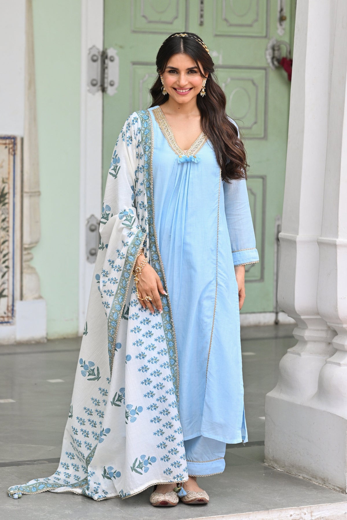 Powder Blue Pure Mul Chanderi Kurta With Block Printed Dupatta Suit Set