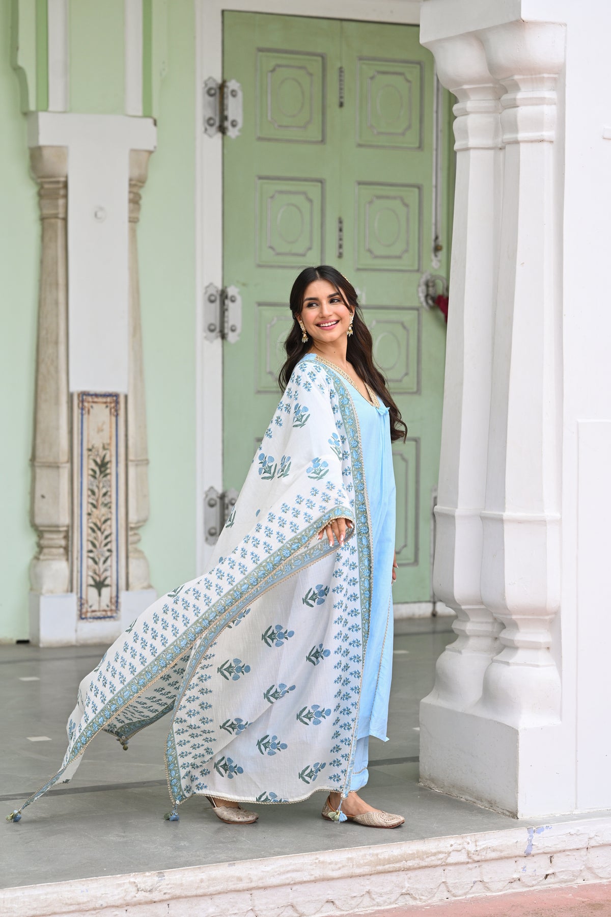 Powder Blue Pure Mul Chanderi Kurta With Block Printed Dupatta Suit Set