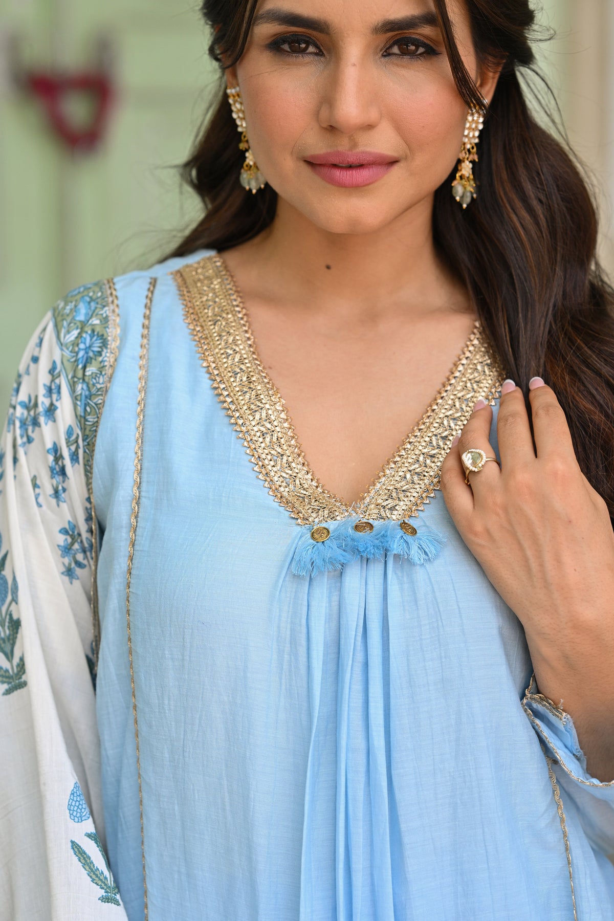 Powder Blue Pure Mul Chanderi Kurta With Block Printed Dupatta Suit Set