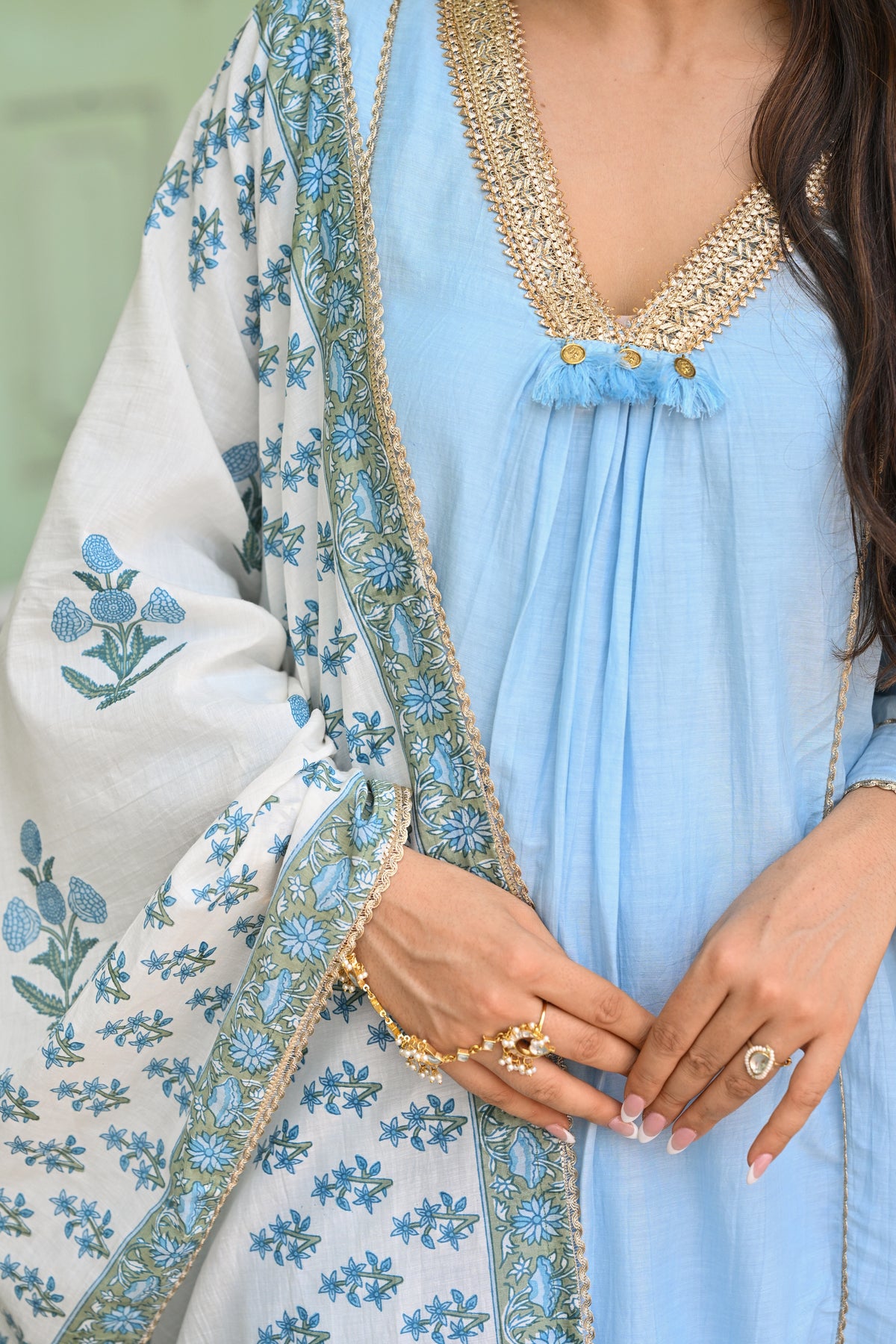 Powder Blue Pure Mul Chanderi Kurta With Block Printed Dupatta Suit Set