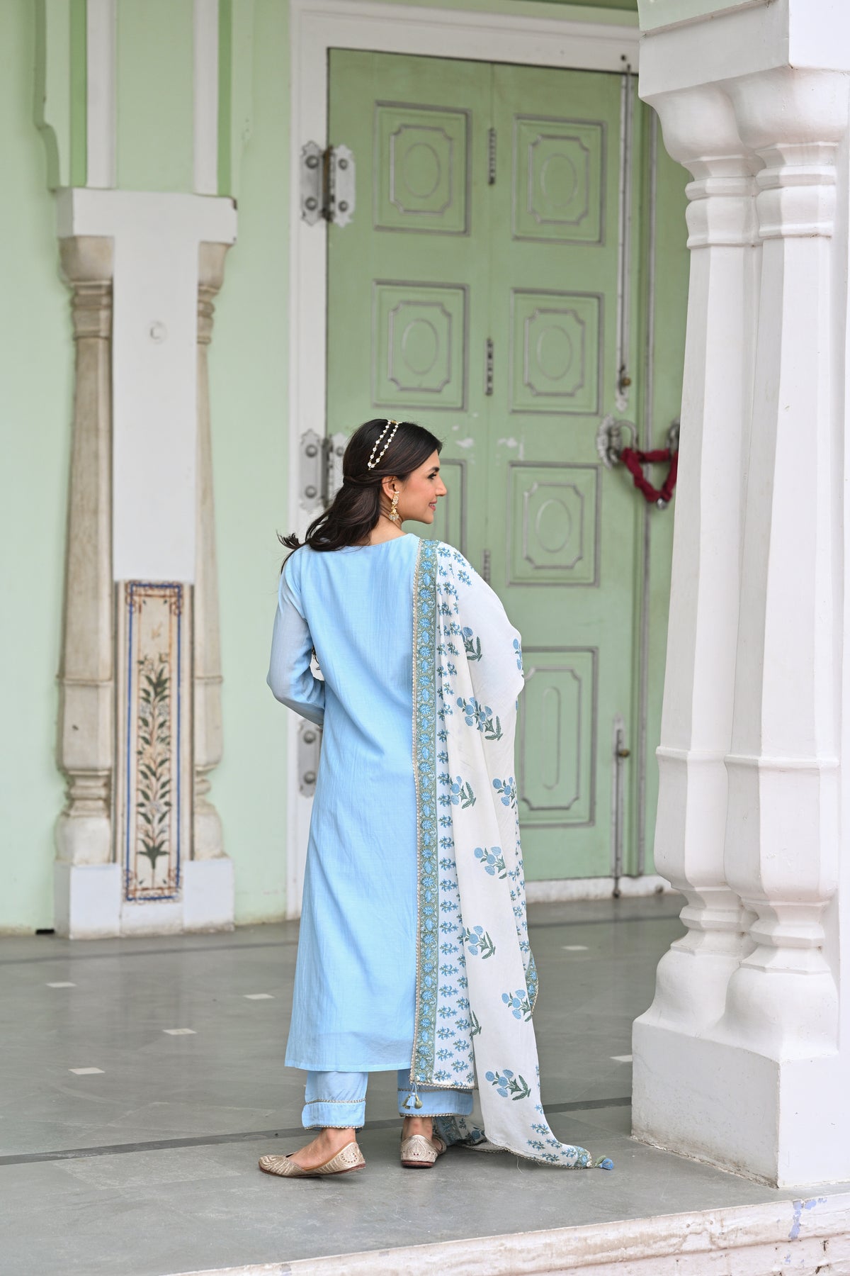 Powder Blue Pure Mul Chanderi Kurta With Block Printed Dupatta Suit Set