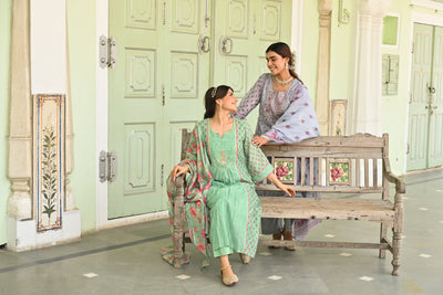 Seafoam Mint Green Chanderi Suit Set with Pleated Pattern Kurta and Floral Dupatta with Gota Work on Yoke