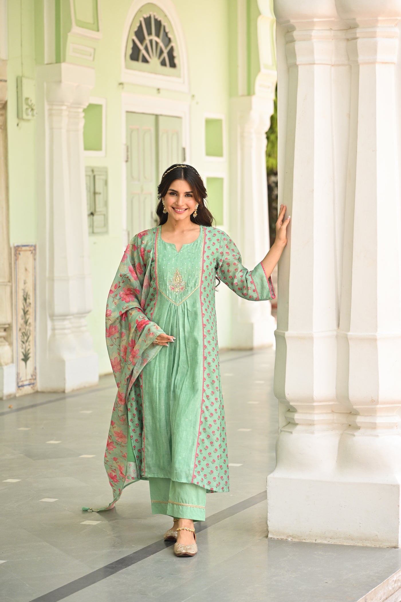 Seafoam Mint Green Chanderi Suit Set with Pleated Pattern Kurta and Floral Dupatta with Gota Work on Yoke