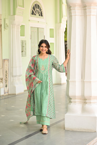 Seafoam Mint Green Chanderi Suit Set with Pleated Pattern Kurta and Floral Dupatta with Gota Work on Yoke