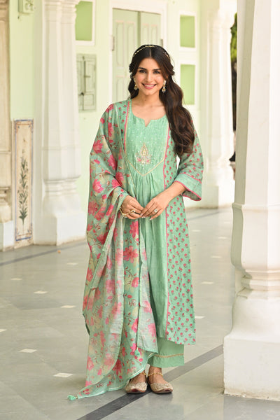Seafoam Mint Green Chanderi Suit Set with Pleated Pattern Kurta and Floral Dupatta with Gota Work on Yoke