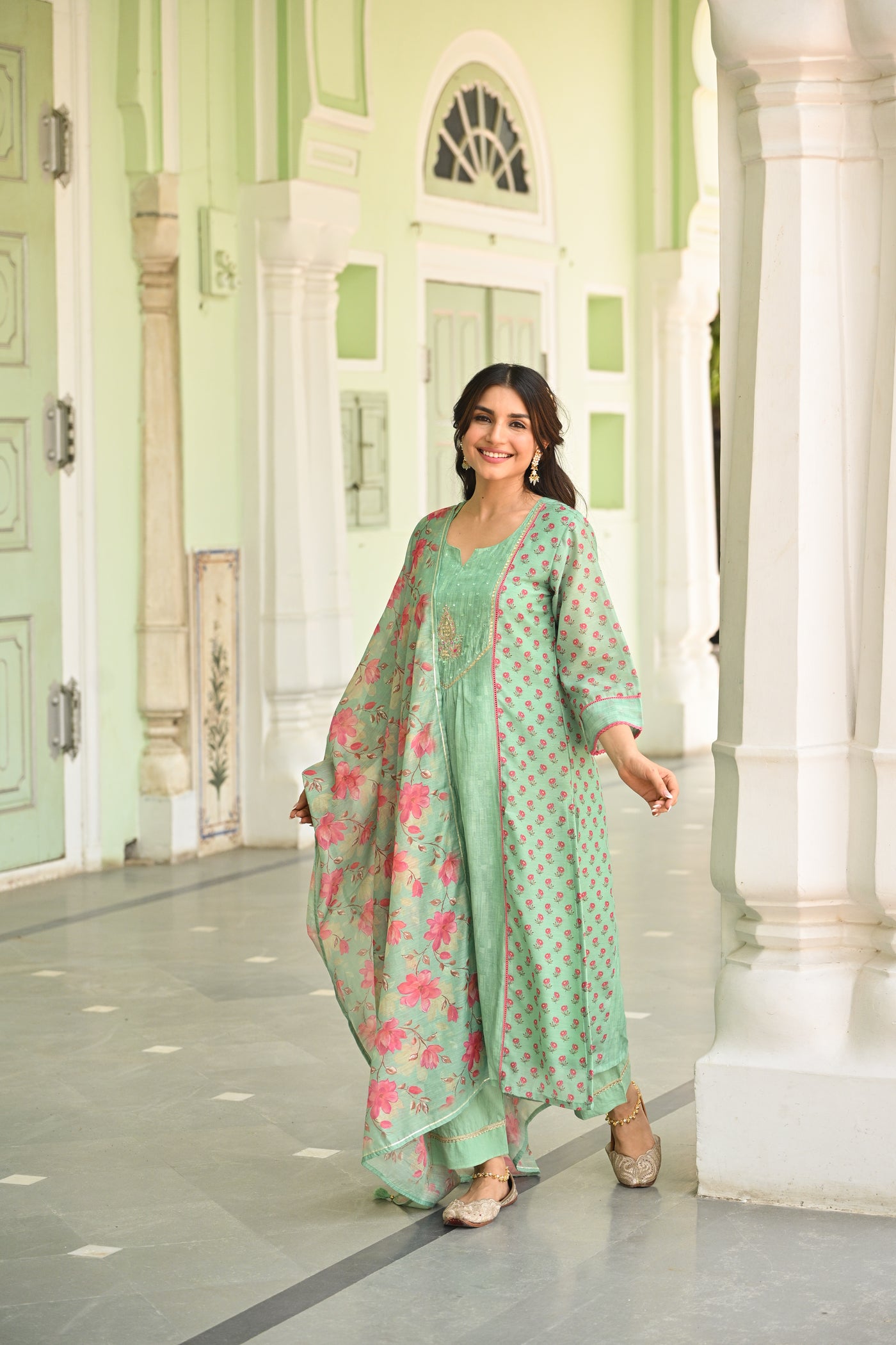 Seafoam Mint Green Chanderi Suit Set with Pleated Pattern Kurta and Floral Dupatta with Gota Work on Yoke