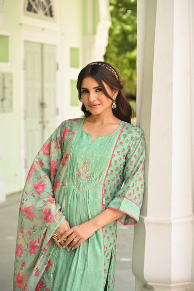 Seafoam Mint Green Chanderi Suit Set with Pleated Pattern Kurta and Floral Dupatta with Gota Work on Yoke