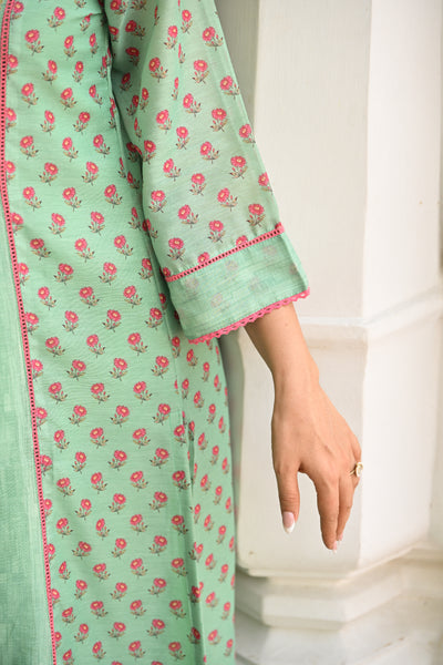 Seafoam Mint Green Chanderi Suit Set with Pleated Pattern Kurta and Floral Dupatta with Gota Work on Yoke
