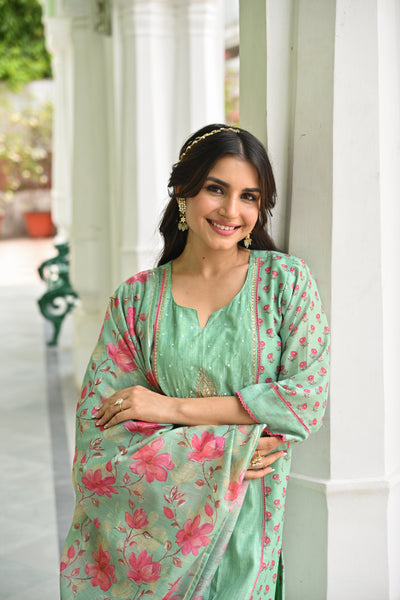 Seafoam Mint Green Chanderi Suit Set with Pleated Pattern Kurta and Floral Dupatta with Gota Work on Yoke