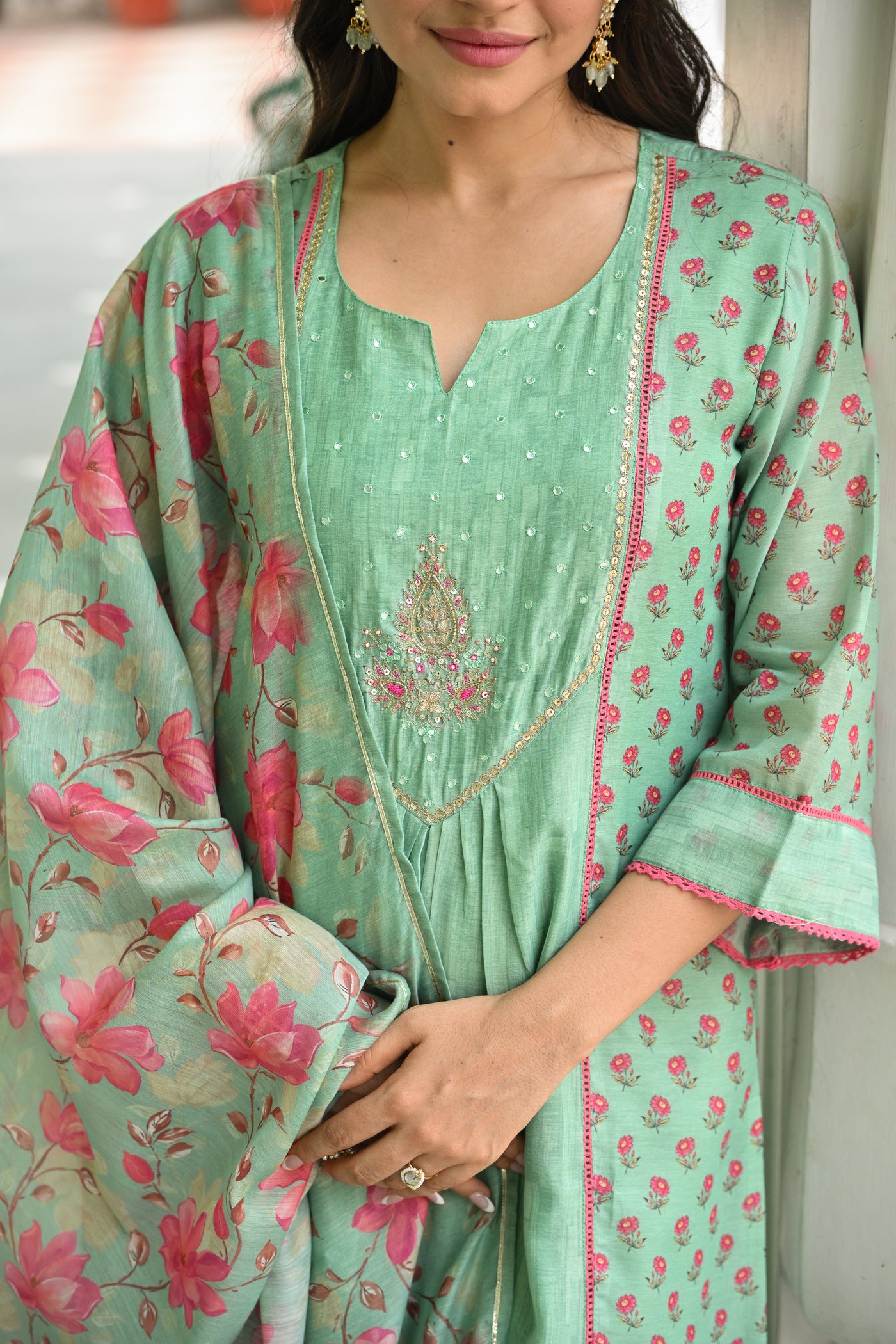 Seafoam Mint Green Chanderi Suit Set with Pleated Pattern Kurta and Floral Dupatta with Gota Work on Yoke