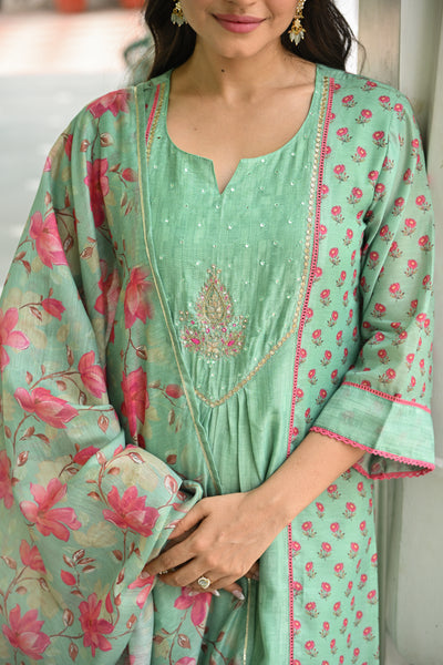 Seafoam Mint Green Chanderi Suit Set with Pleated Pattern Kurta and Floral Dupatta with Gota Work on Yoke