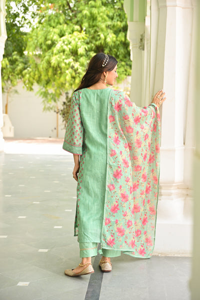Seafoam Mint Green Chanderi Suit Set with Pleated Pattern Kurta and Floral Dupatta with Gota Work on Yoke