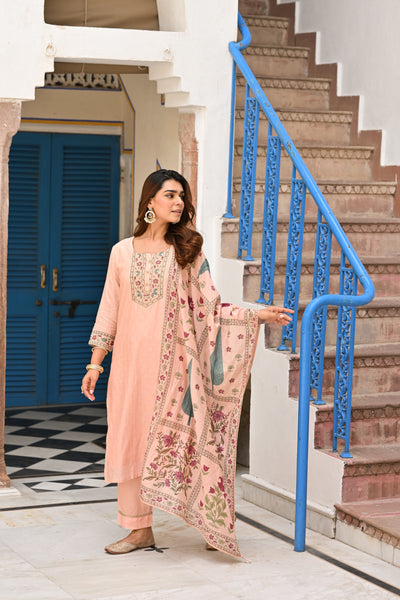 Peach Block Mughal Print Mul Chanderi Suit Set