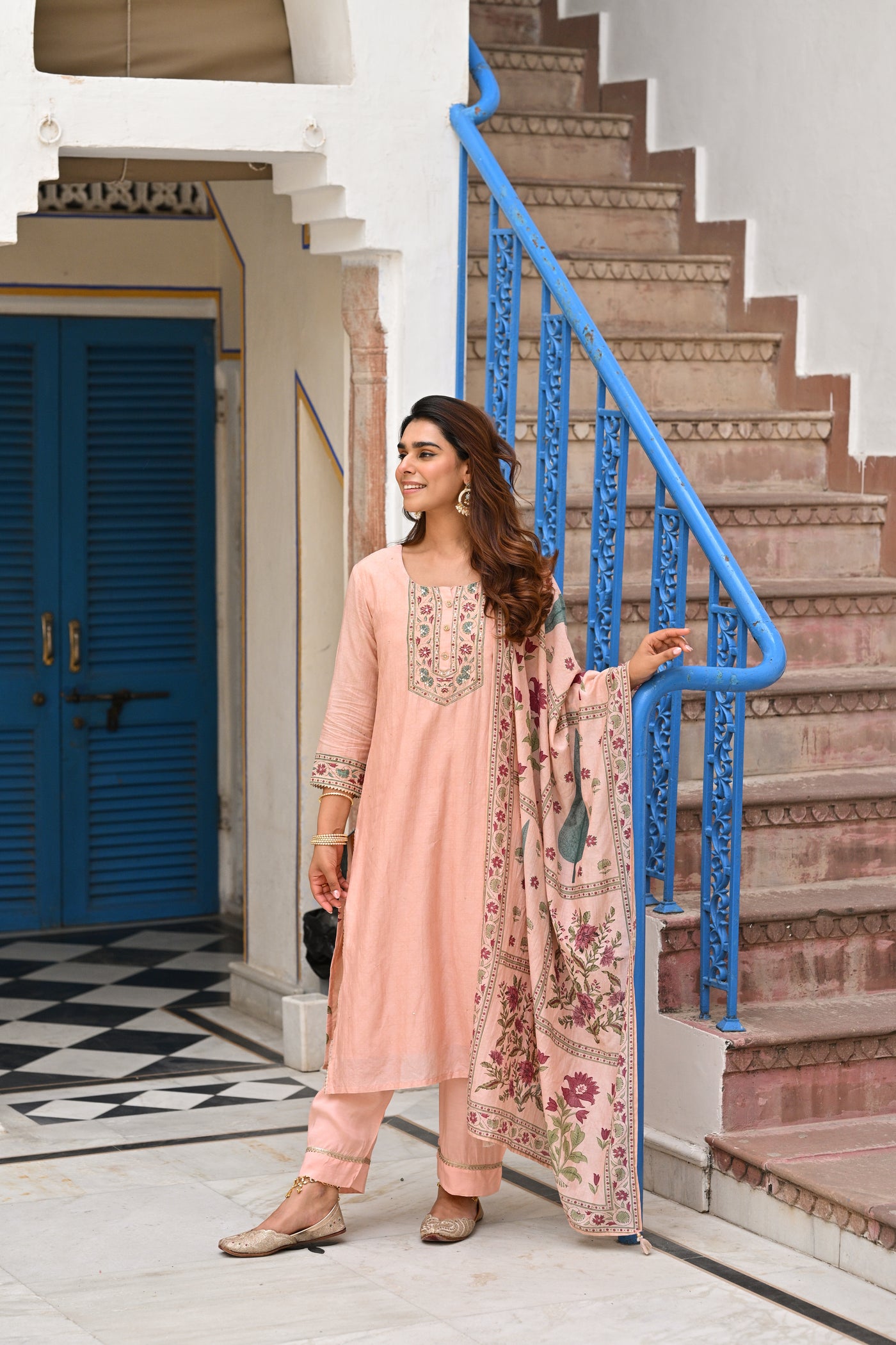 Peach Block Mughal Print Mul Chanderi Suit Set