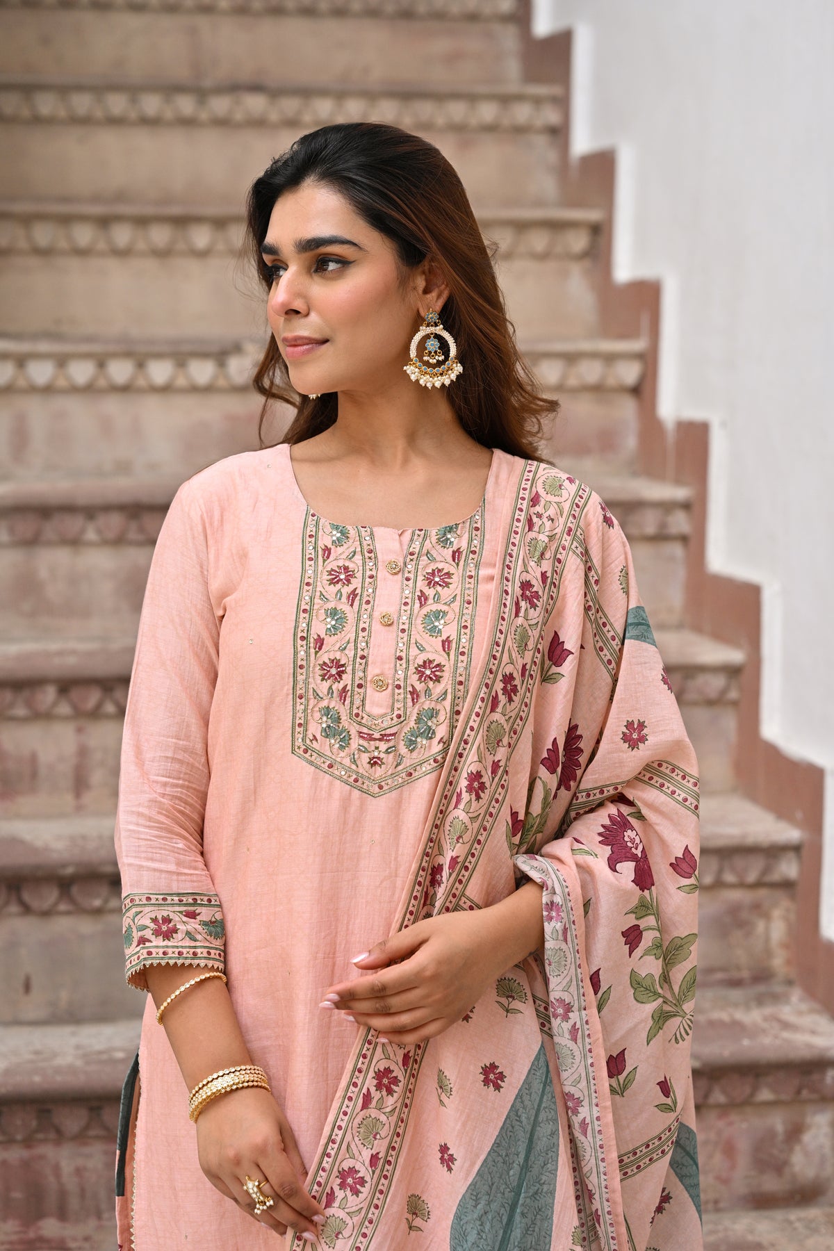 Peach Block Mughal Print Mul Chanderi Suit Set
