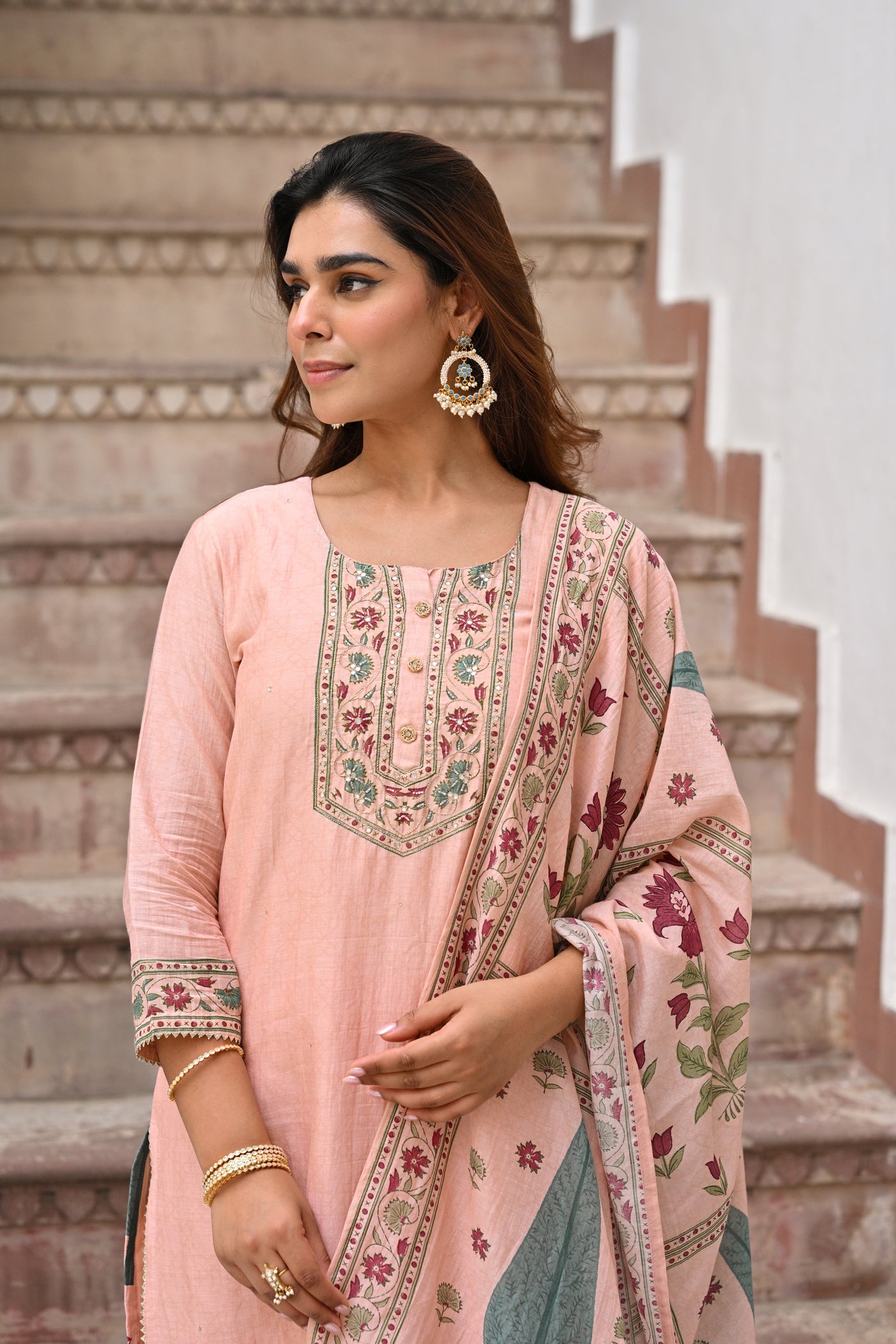 Peach Block Mughal Print Mul Chanderi Suit Set