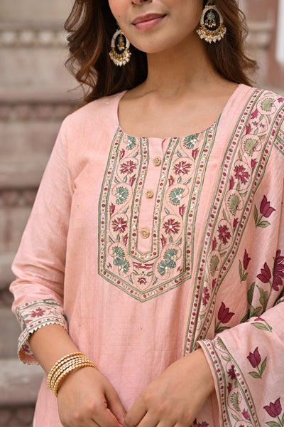 Peach Block Mughal Print Mul Chanderi Suit Set