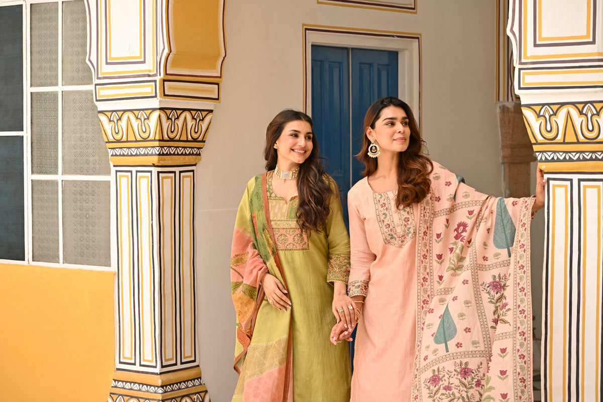 Peach Block Mughal Print Mul Chanderi Suit Set