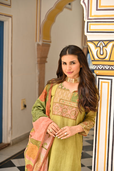 Mehandi Green Mughal Print Mul Chanderi Suit Set