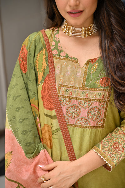 Mehandi Green Mughal Print Mul Chanderi Suit Set