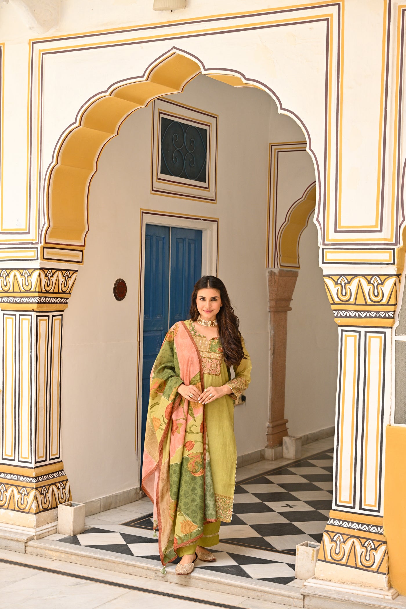 Mehandi Green Mughal Print Mul Chanderi Suit Set