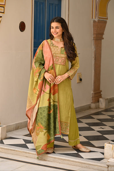 Mehandi Green Mughal Print Mul Chanderi Suit Set
