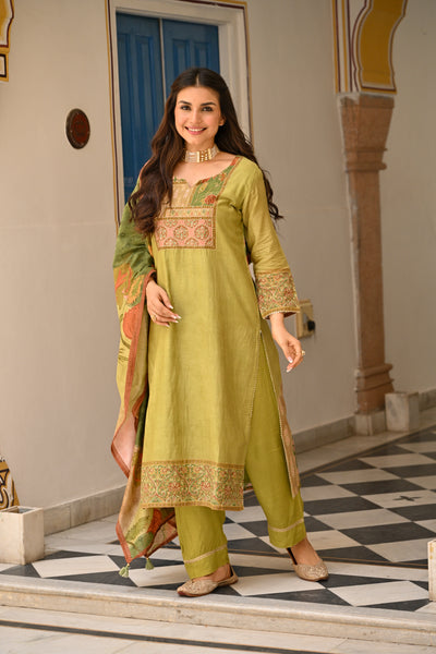 Mehandi Green Mughal Print Mul Chanderi Suit Set