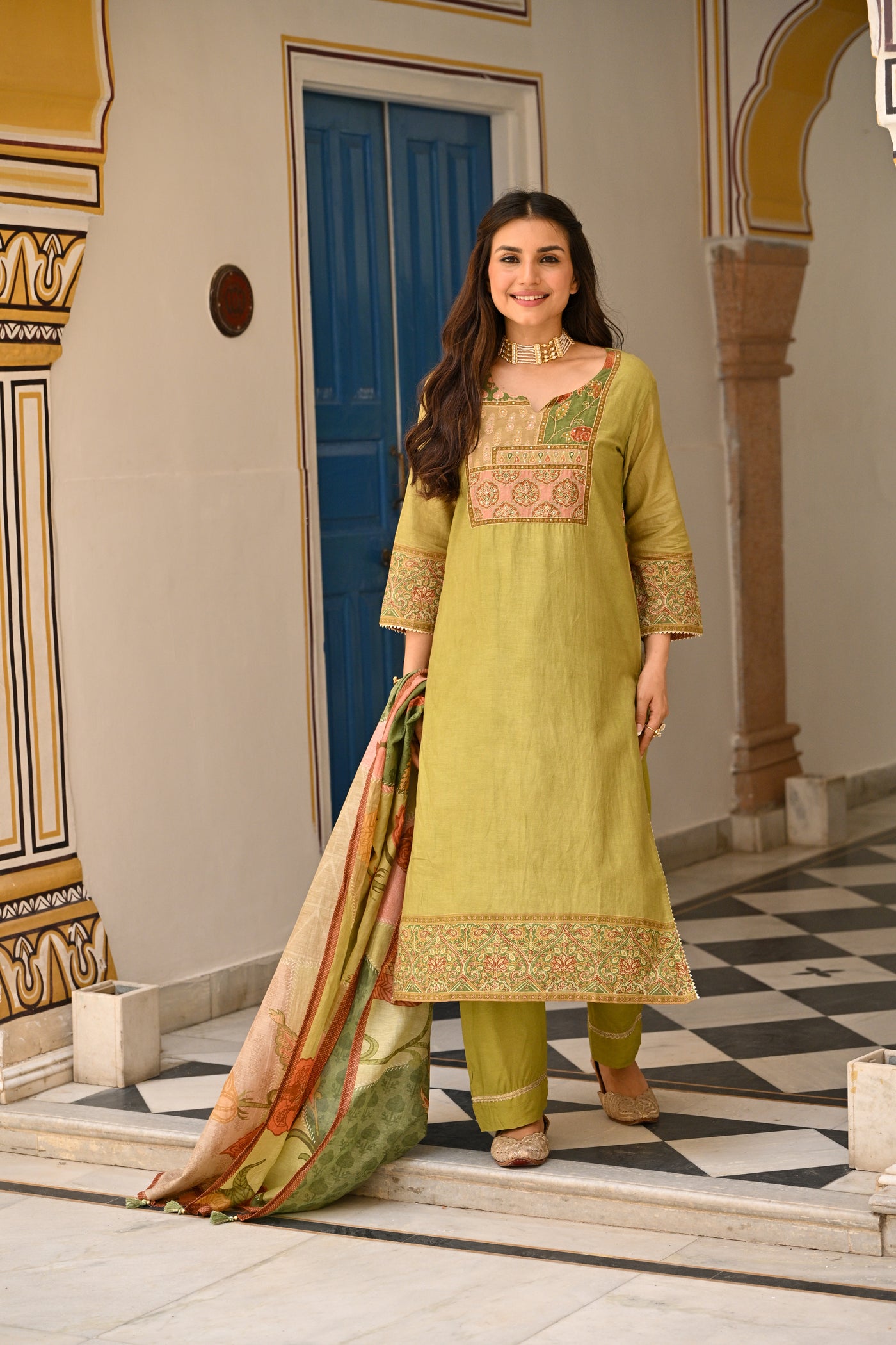 Mehandi Green Mughal Print Mul Chanderi Suit Set