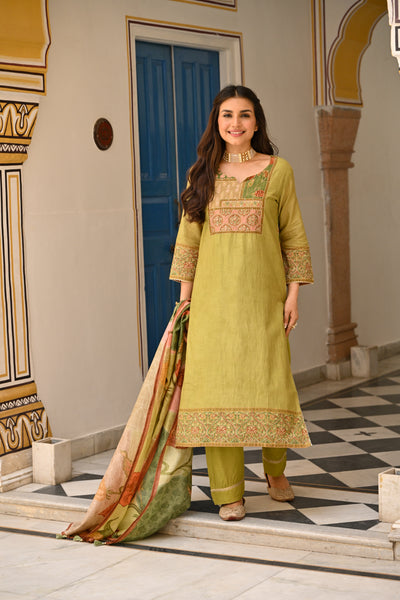 Mehandi Green Mughal Print Mul Chanderi Suit Set