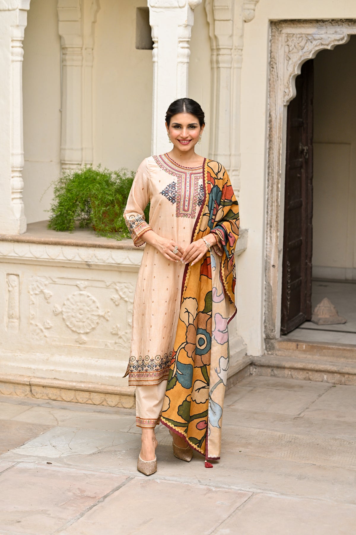 Beige Pure Mul Chanderi Suit With Thread Handwork and  Kalamkari Dupatta
