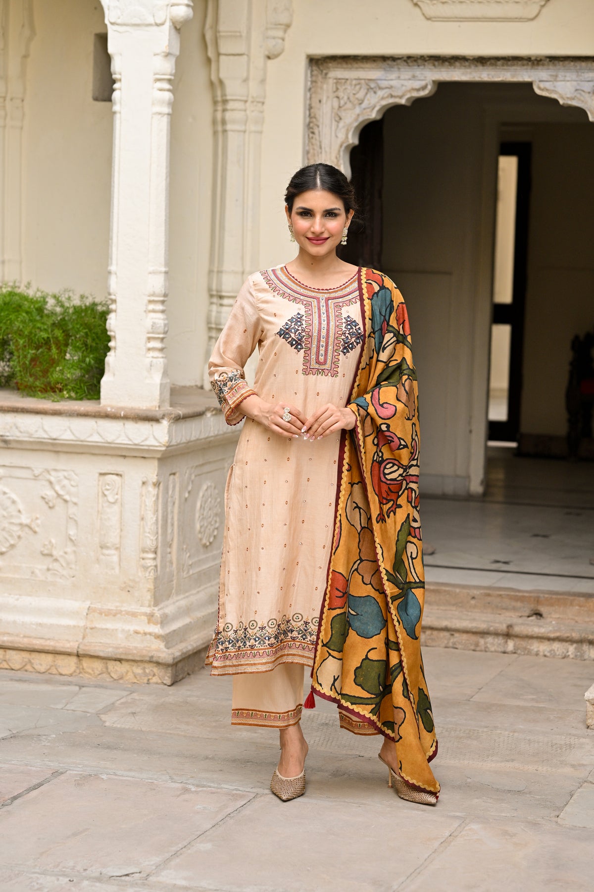 Beige Pure Mul Chanderi Suit With Thread Handwork and  Kalamkari Dupatta