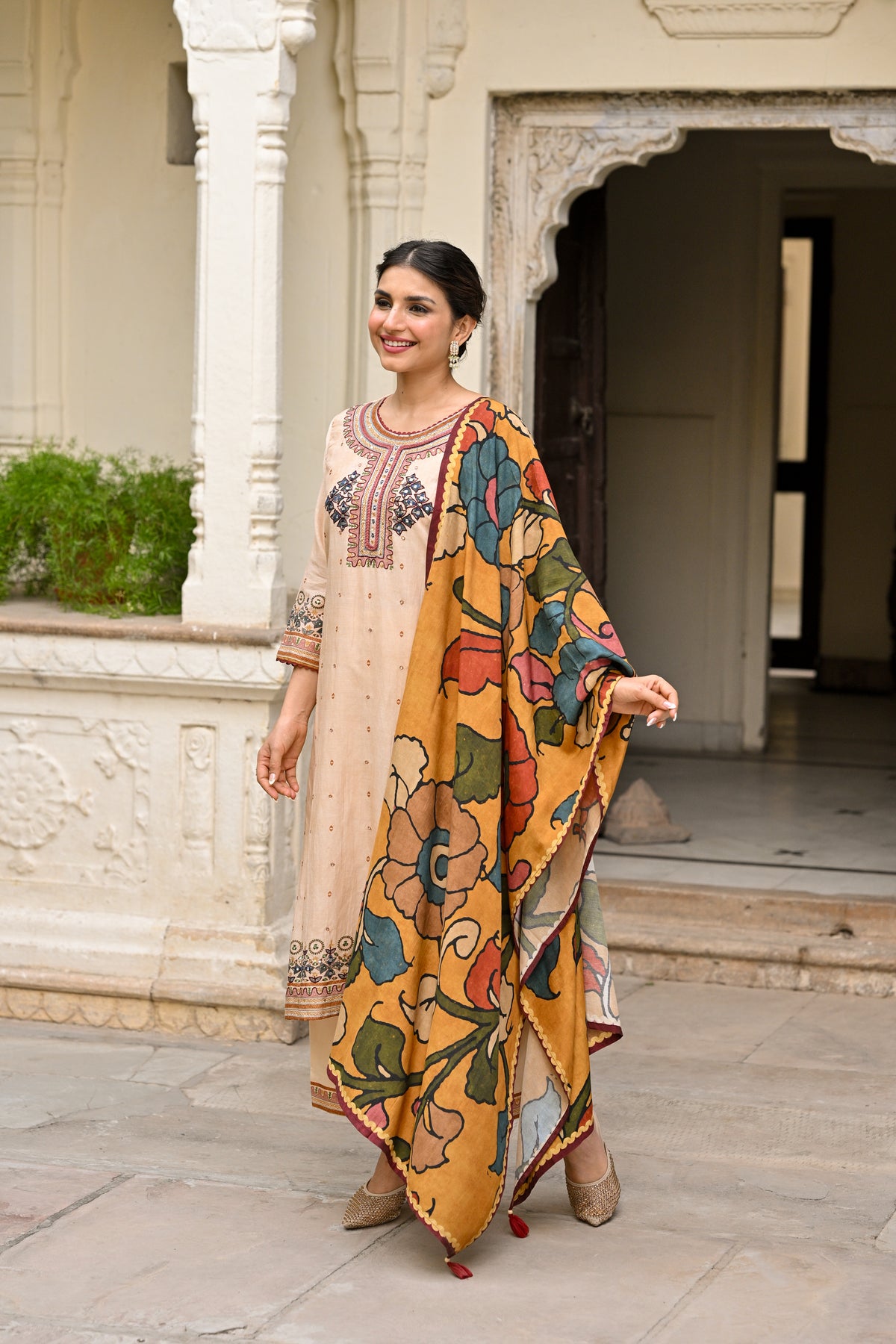Beige Pure Mul Chanderi Suit With Thread Handwork and  Kalamkari Dupatta