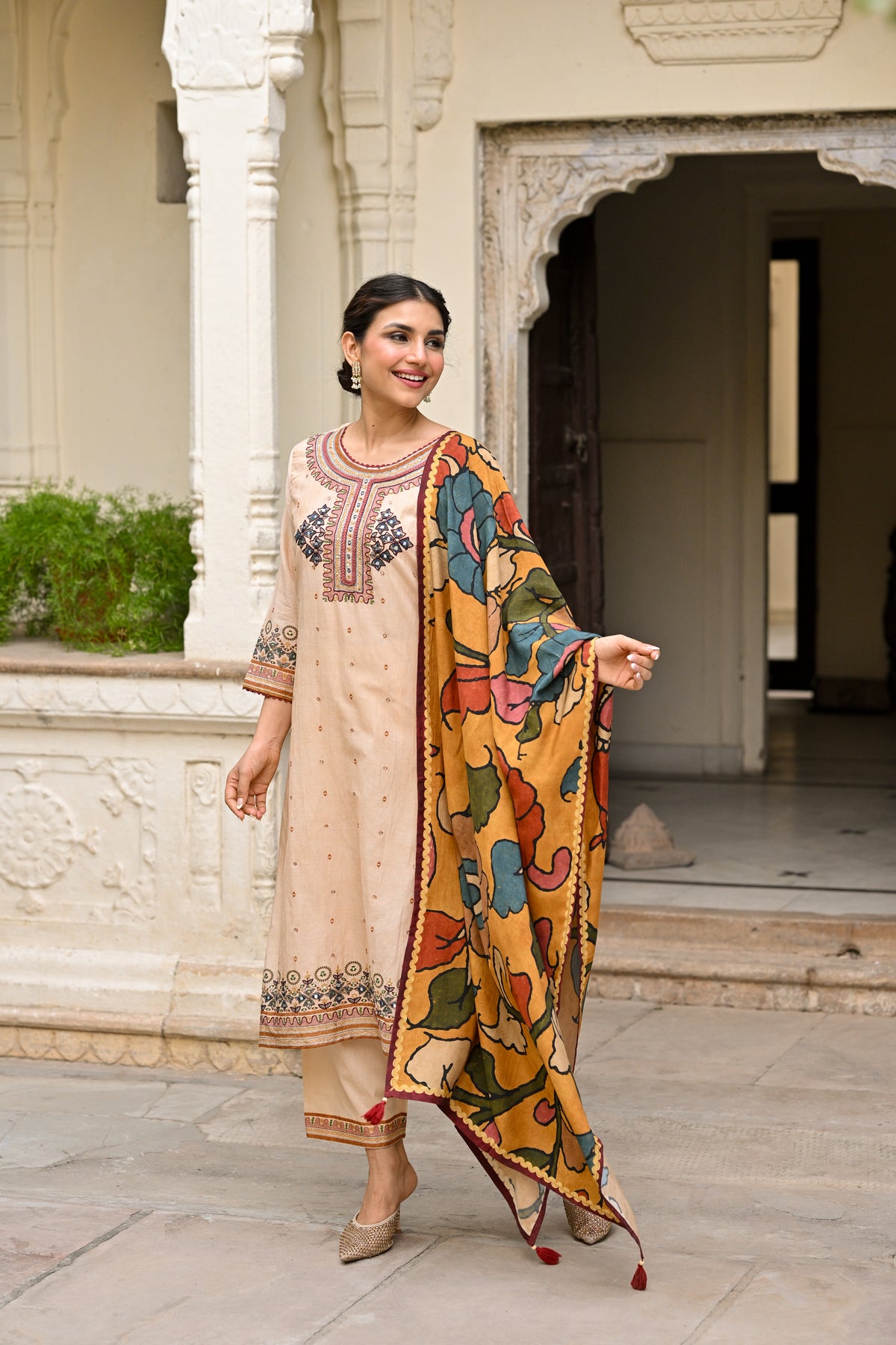 Beige Pure Mul Chanderi Suit With Thread Handwork and  Kalamkari Dupatta