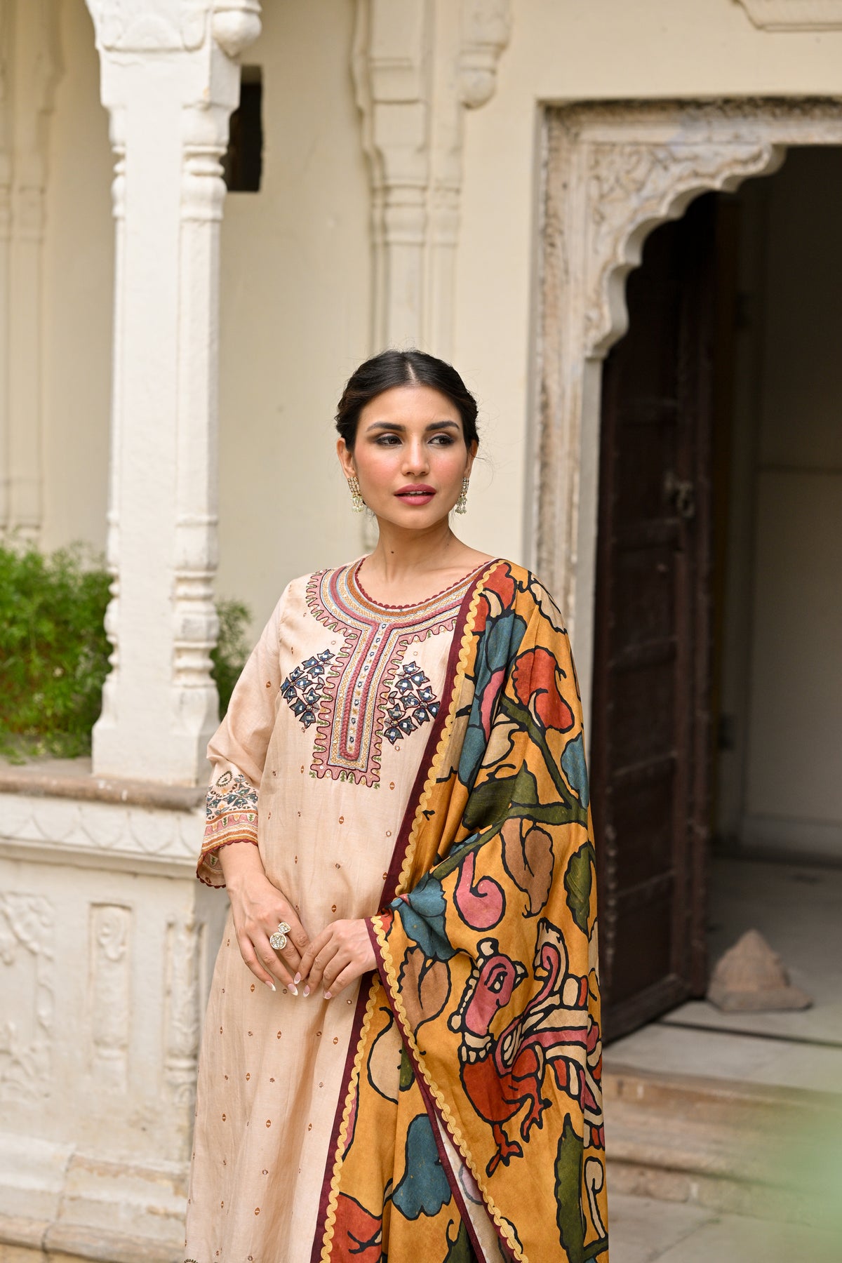 Beige Pure Mul Chanderi Suit With Thread Handwork and  Kalamkari Dupatta