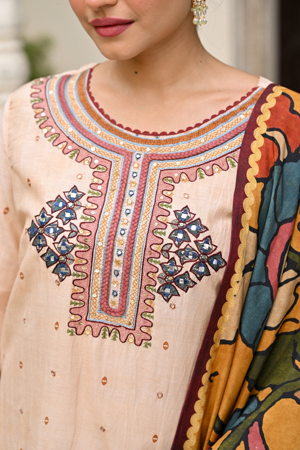 Beige Pure Mul Chanderi Suit With Thread Handwork and  Kalamkari Dupatta