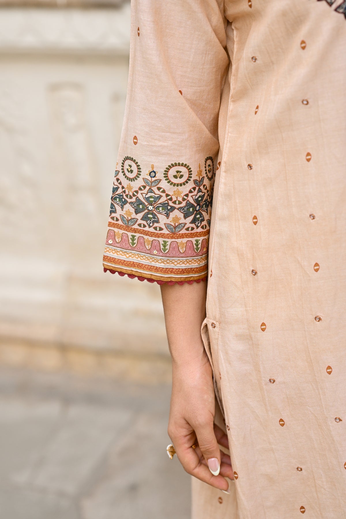 Beige Pure Mul Chanderi Suit With Thread Handwork and  Kalamkari Dupatta