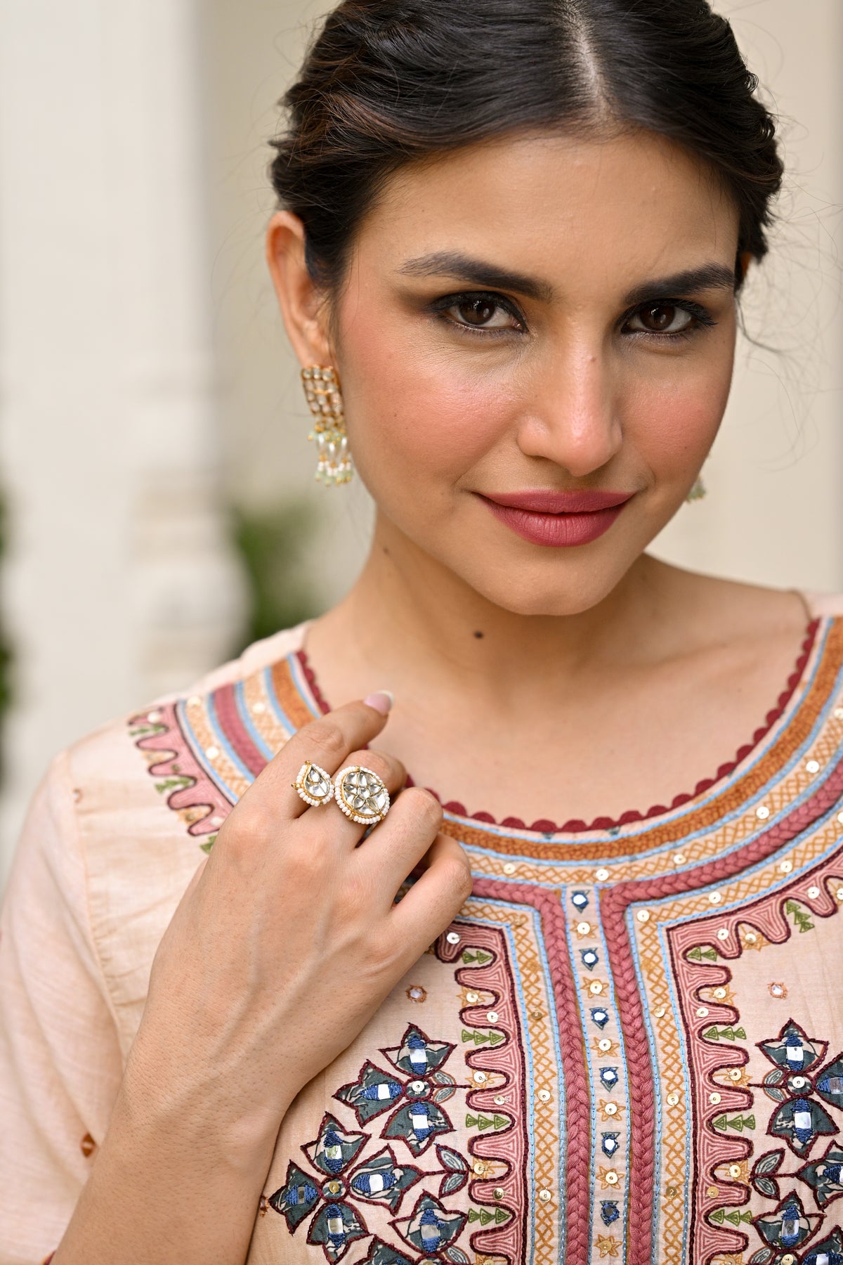 Beige Pure Mul Chanderi Suit With Thread Handwork and  Kalamkari Dupatta