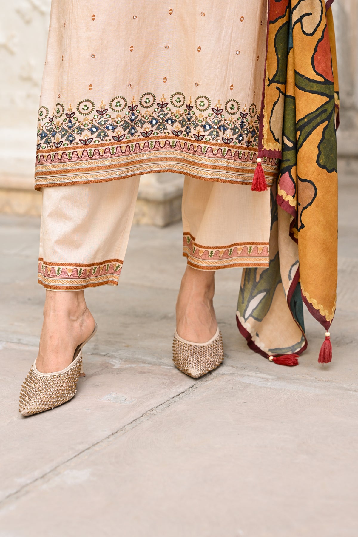 Beige Pure Mul Chanderi Suit With Thread Handwork and  Kalamkari Dupatta