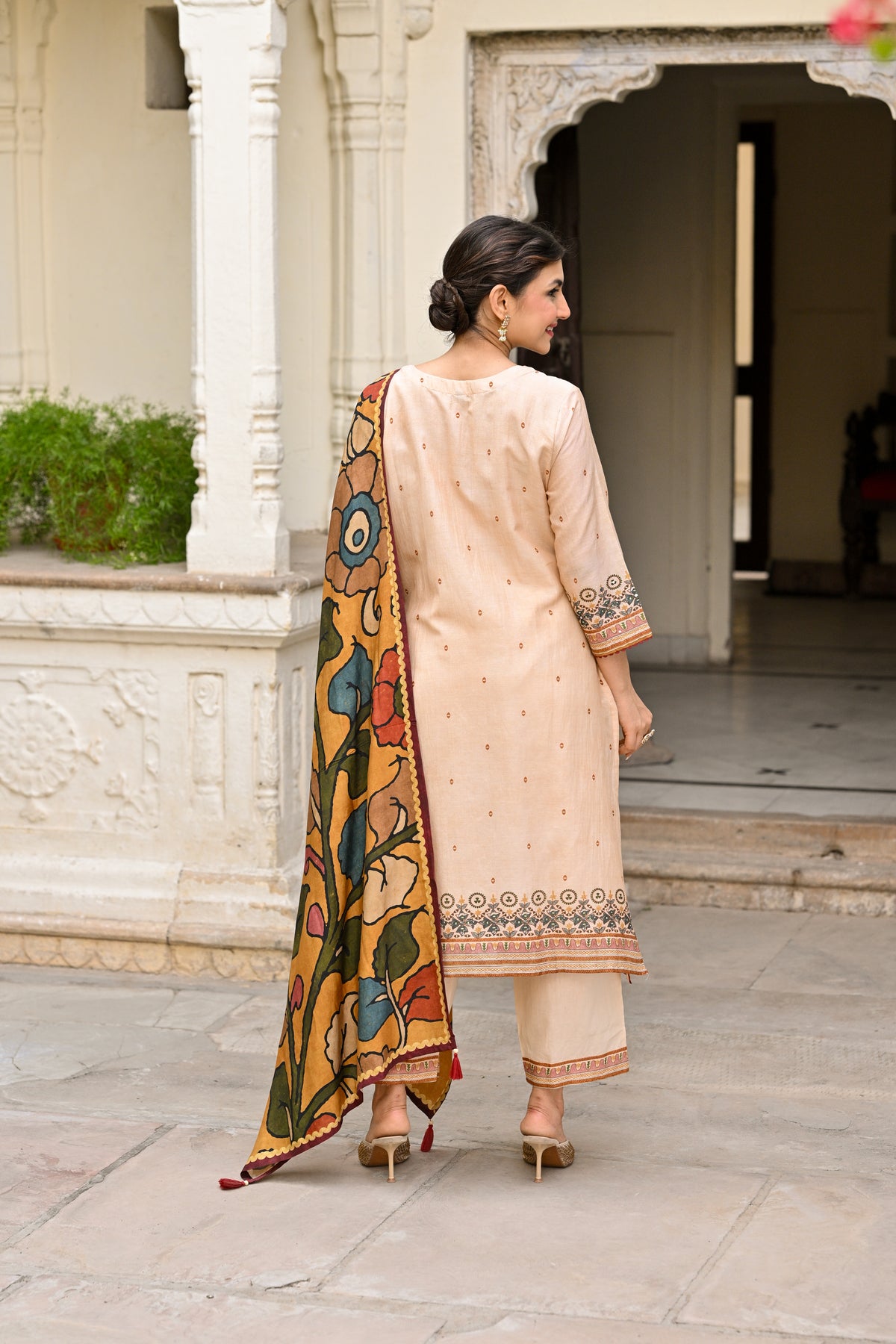 Beige Pure Mul Chanderi Suit With Thread Handwork and  Kalamkari Dupatta