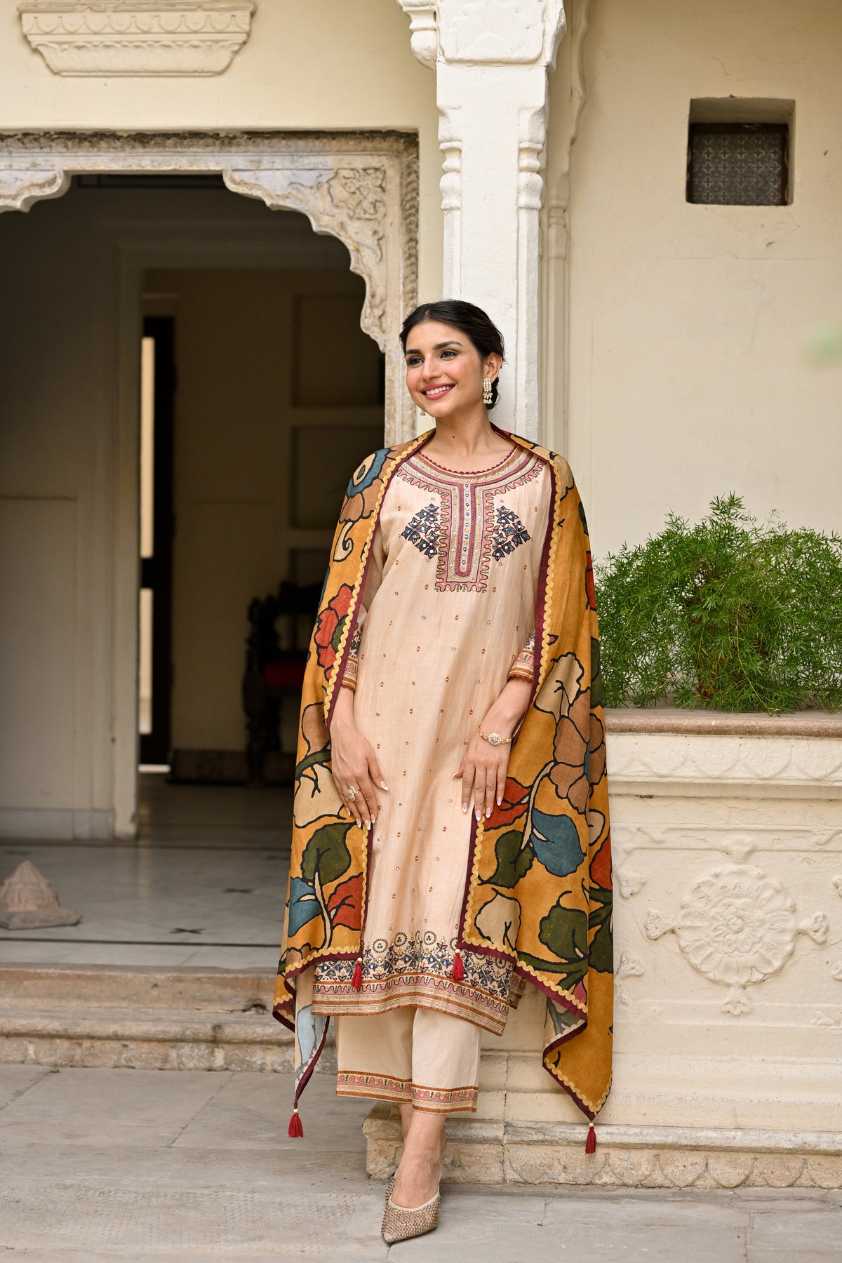 Beige Pure Mul Chanderi Suit With Thread Handwork and  Kalamkari Dupatta
