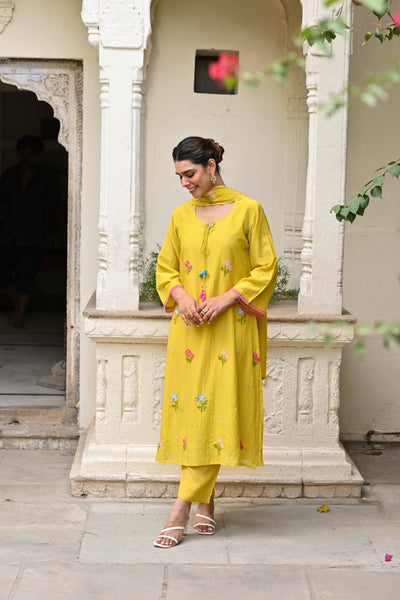 Yellow Floral Thread Embroidered Pure Mul Chanderi Suit Set with Scallope Dupatta