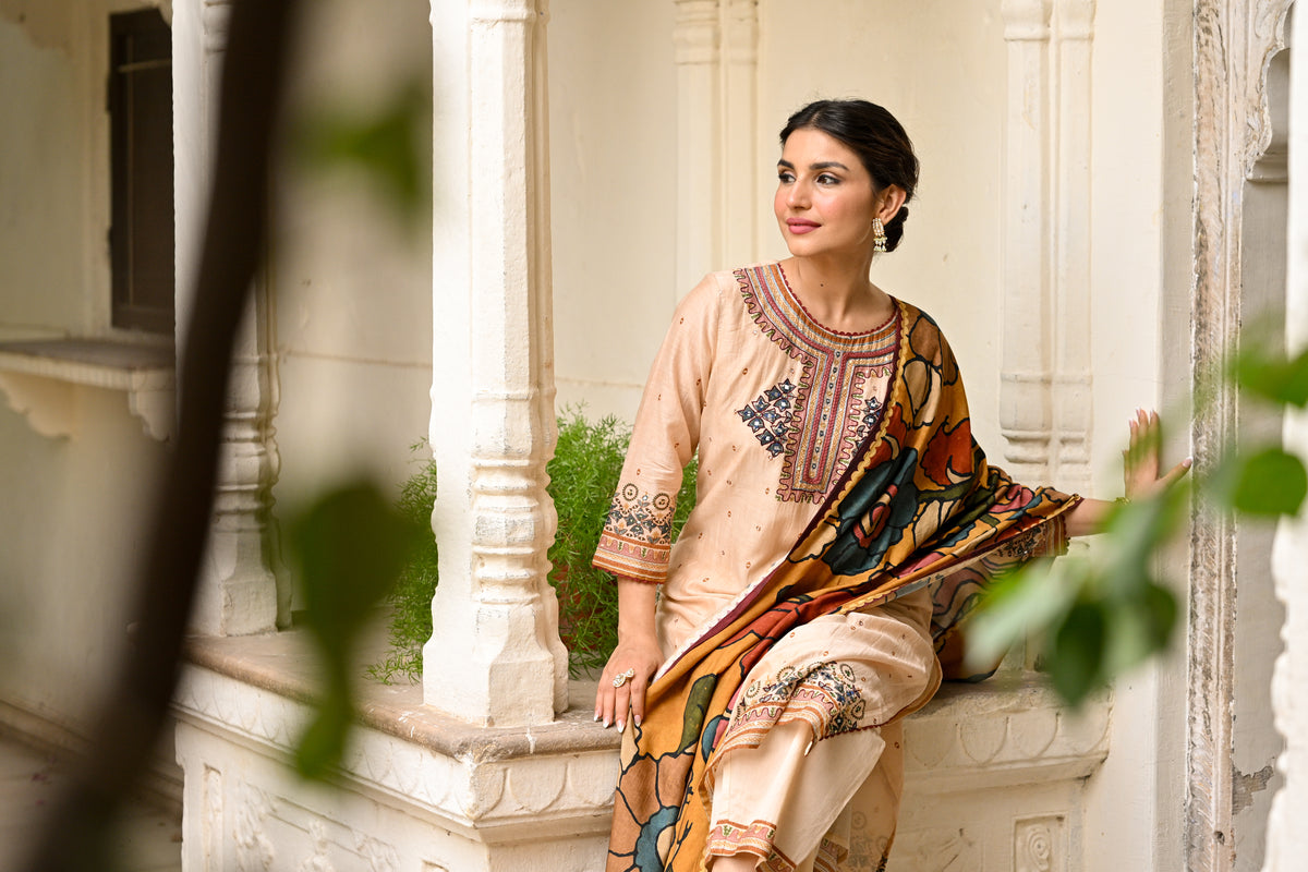 Beige Pure Mul Chanderi Suit With Thread Handwork and  Kalamkari Dupatta