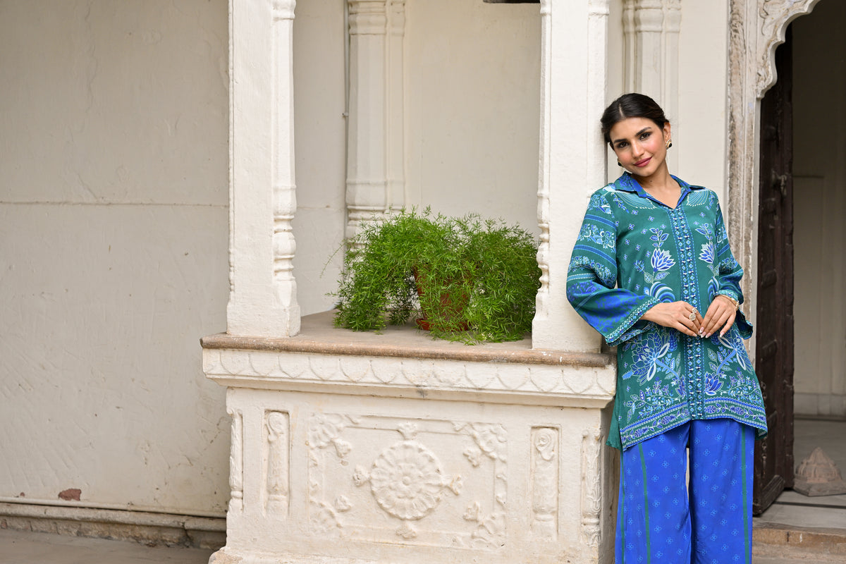 Vibrant Green and Blue Muslin Coord Set