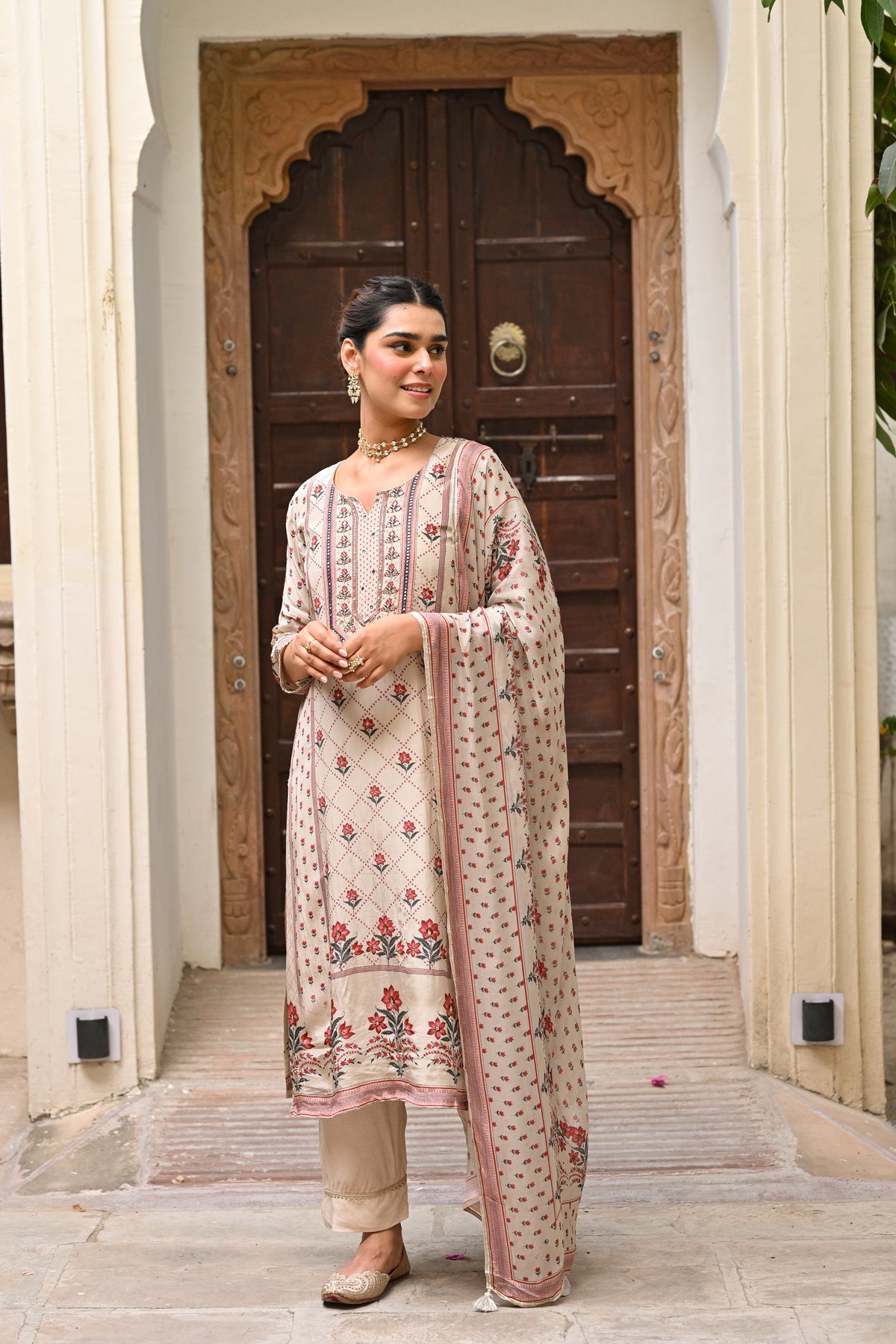 Beige and Maroon Small Buti with Panel Spread Gota Work Crepe Suit Set