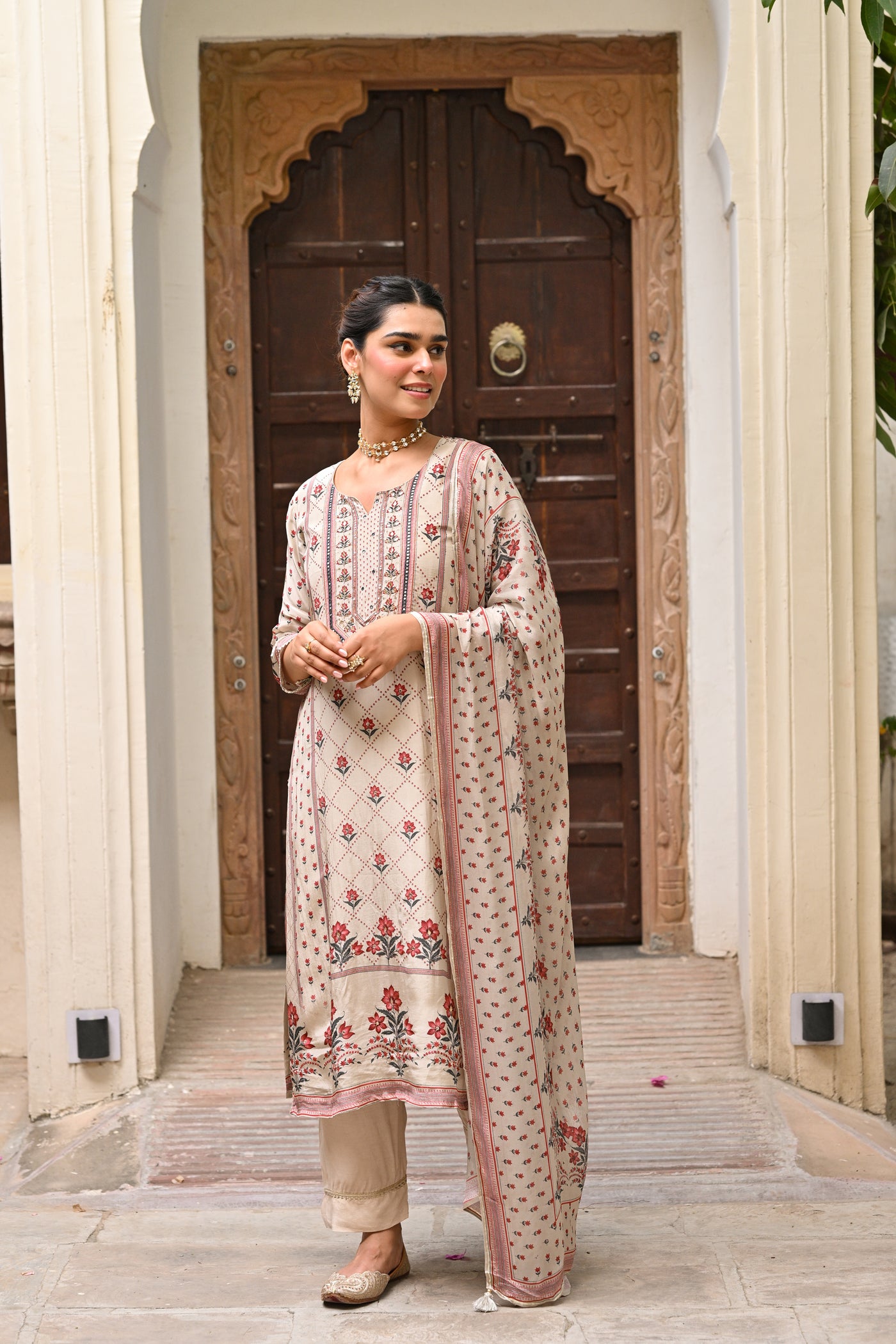 Beige and Maroon Small Buti with Panel Spread Gota Work Crepe Suit Set